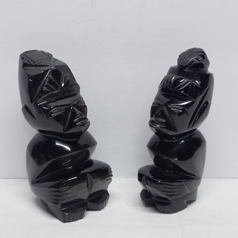 Vintage Hand Carved Obsidian Black Stone Mayan Aztec Totem Figurine Set AS IS